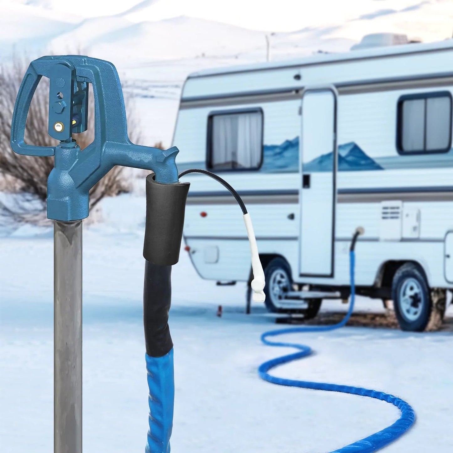Heated Water Hose For RV 35Ft With Freeze Protection To Minus 20 Fahrenheit Energy Saving Thermostat And UL Listed Cable Ideal For RV Camper Garden Home Winter Use shown connected to an RV in snowy conditions, demonstrating installation and use in winter.