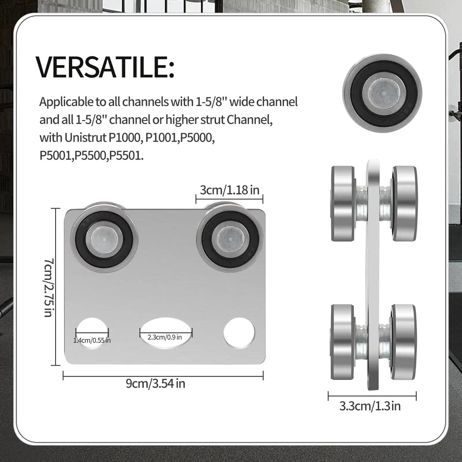 Side and front view of Four Wheel Trolley Assembly Rollers With Bearing For Use With One And Five Eighths Inch Wide And Taller Strut Channel