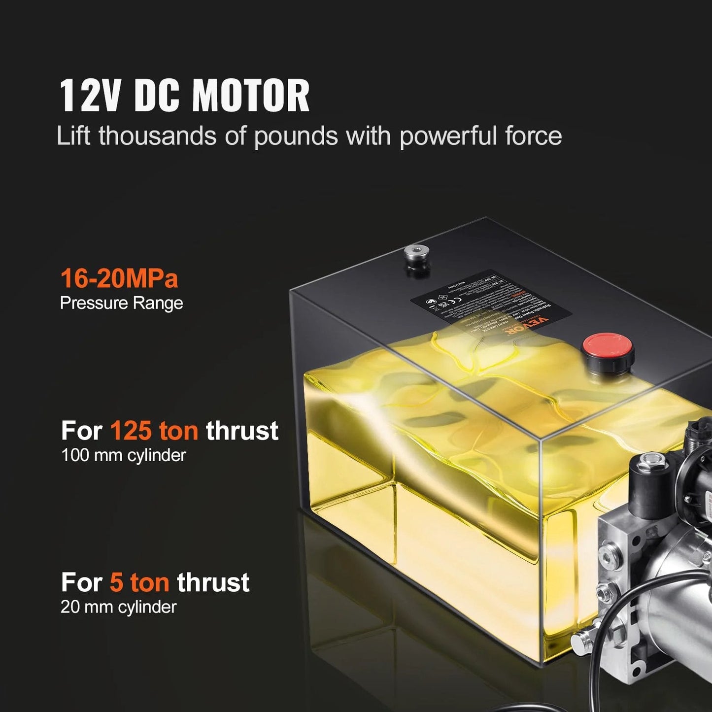 Heavy Duty 12V Hydraulic Pump Power Unit with a four-quart tank for dump trailers, visible yellow liquid and components.