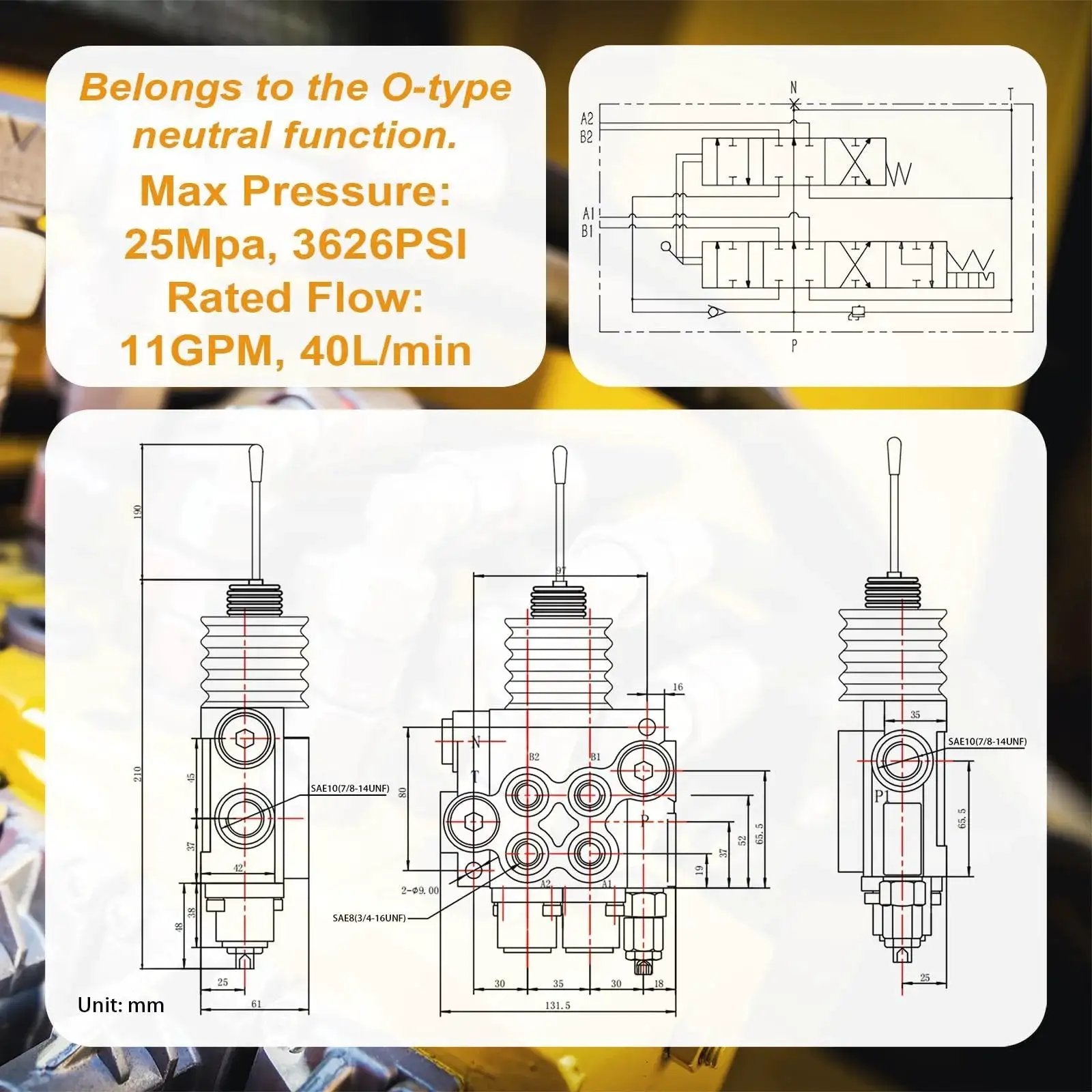 Technical diagram of Hydraulic Control Valve With Float, 2 Spool, 11 GPM Directional Valve For Log Splitters, Tractors, and Loaders.