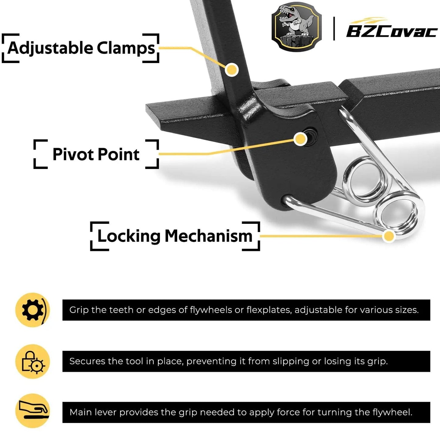 Close-up of Flywheel Turner Locking Holding Tool showing adjustable clamps, pivot point, and locking mechanism for auto engines.