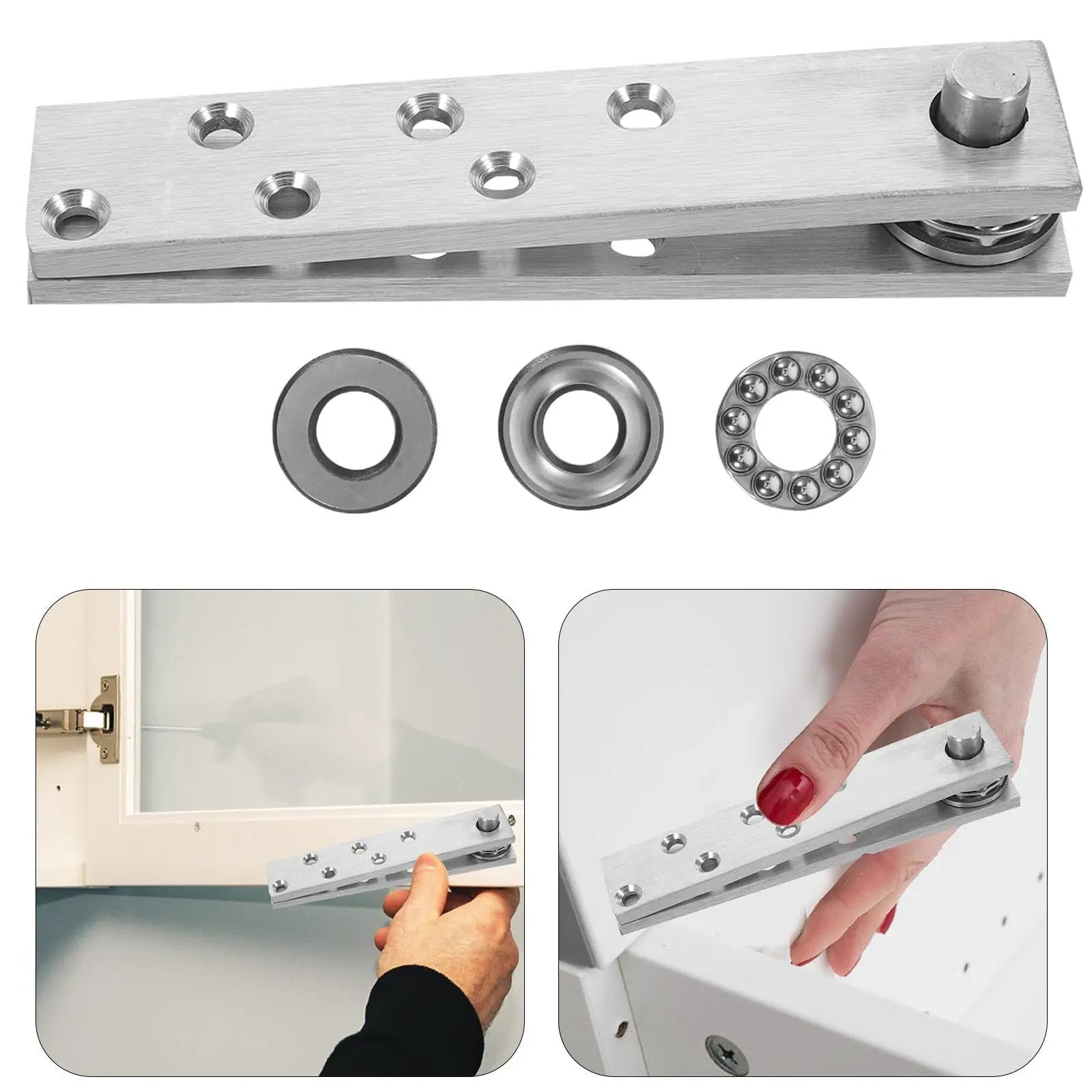 Heavy Duty Hidden Door Pivot Hinge With 360 Degree Rotation For Secret Doors Cabinets And Bookshelves Stainless Steel Stealth Concealed Invisible Hinges By NAMOARLY shown with installation steps.