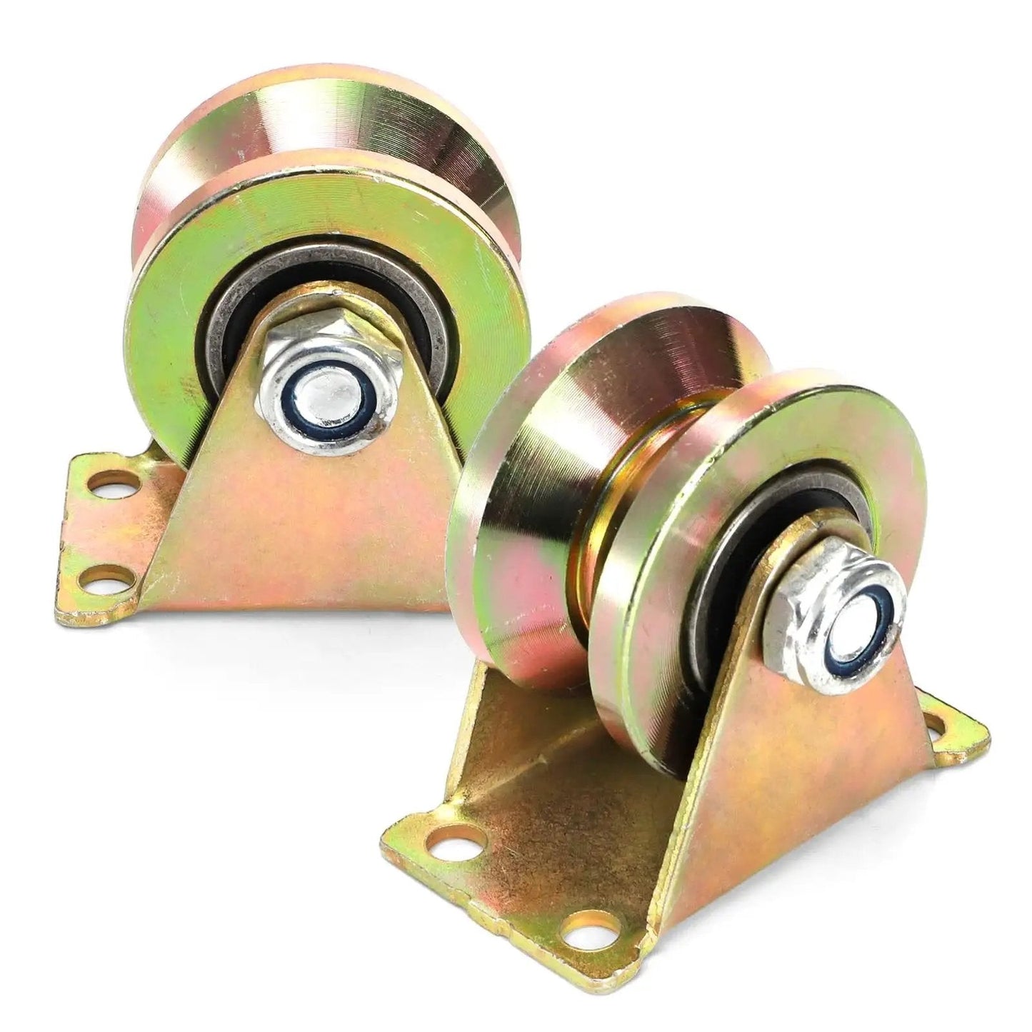8 Pack 2 Inch V Groove Wheel Set For Sliding Gates And Industrial Rails Heavy Duty Steel Caster Wheels With V Track Pulley Roller For Rolling Gate And Industrial Machinery Loading Up To 650 Lbs Each, side view of two steel wheels with V track.