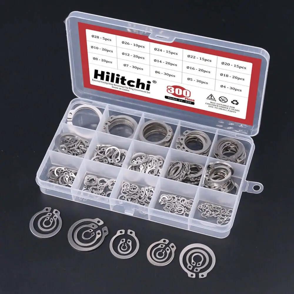 External Circlip Snap Ring Set For Retaining Clips, 15 Metric Sizes Including 4 5 6, 304 Stainless Steel, Rust Resistant For Indoor And Outdoor Use, 300 Piece Assortment For Automotive And Machinery Hilitchi