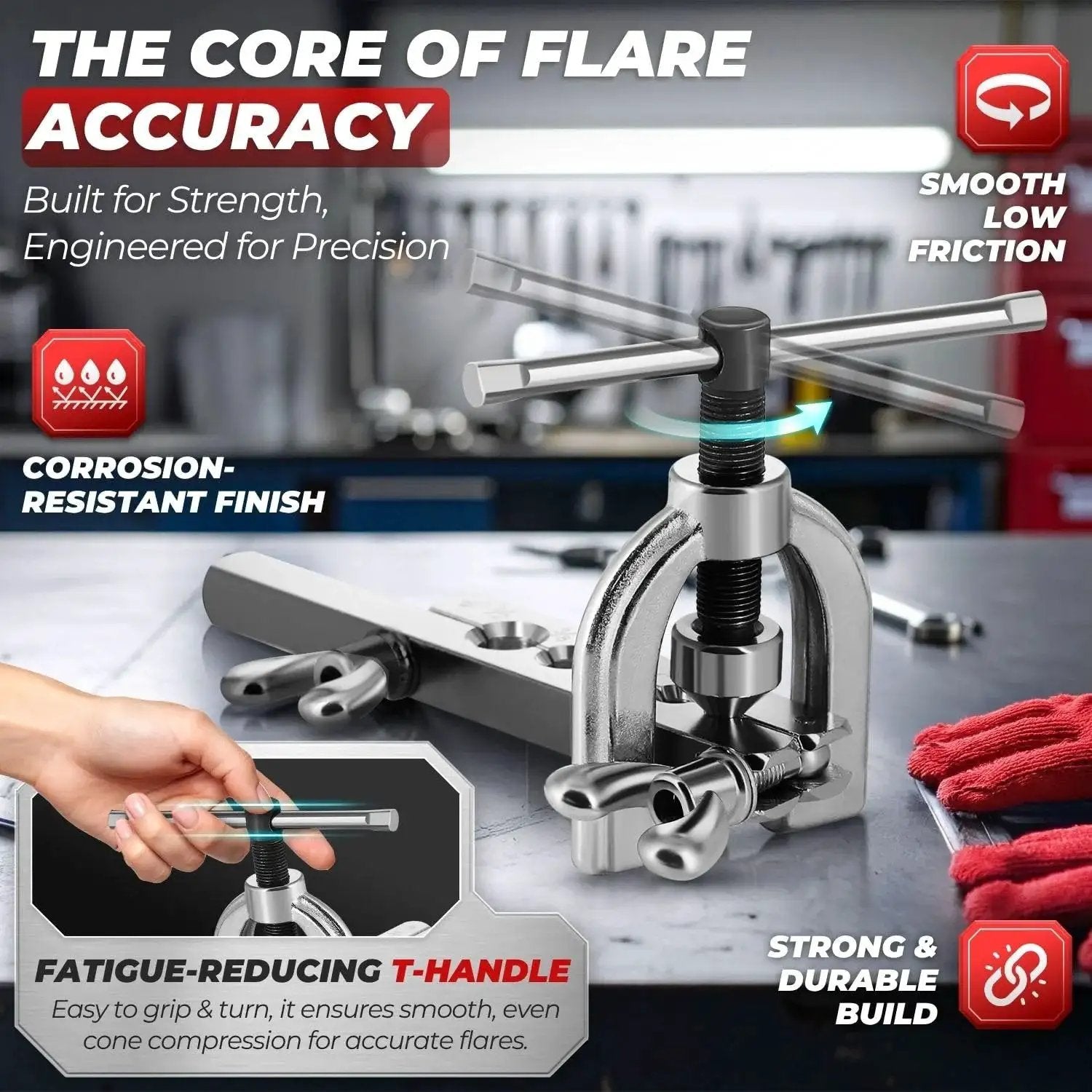 Brake Line Flare Tool Kit Cutter 45 Flare Single and Double 1/8 to 5/8 Tubing with corrosion-resistant finish and T-handle.