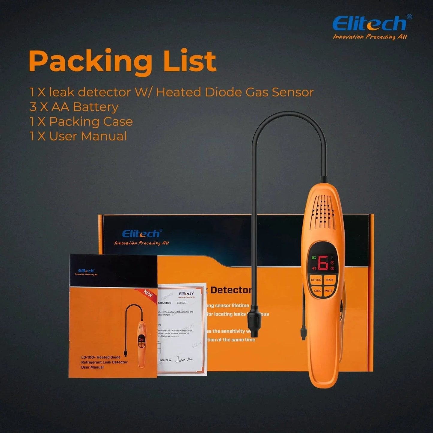 Automotive Refrigerant Leak Detector Pro With Heated Diode Sensor for Freon leaks packaged with accessories and manual.