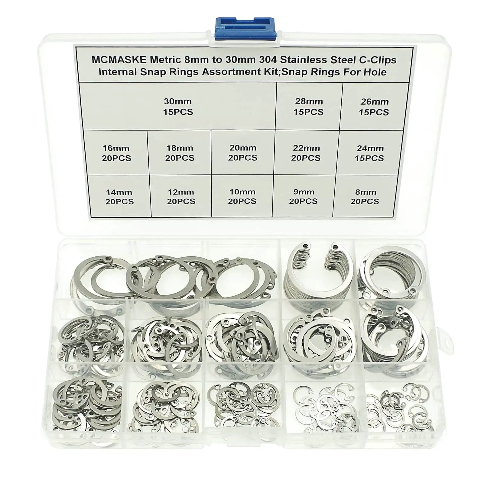 Internal Snap Ring Kit 8mm To 30mm Assortment 240 Pieces C Clips Retaining Rings For Holes 13 Sizes Metric 304 Stainless Steel