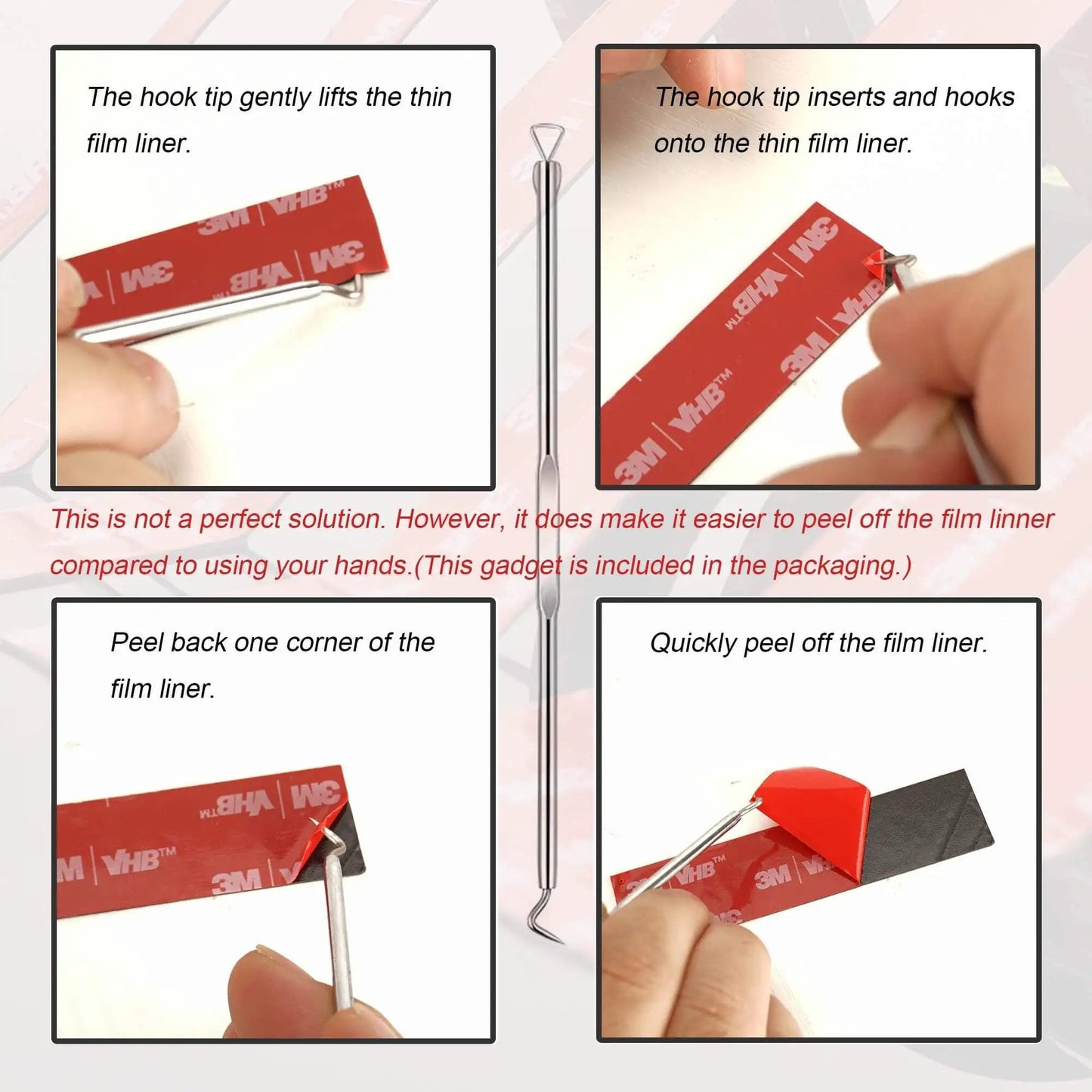 Using hook tool to peel film liner from Double Sided Mounting Tape Heavy Duty 0.25 Inch Wide 10 Feet Black Waterproof Foam Tape 5925 VHB