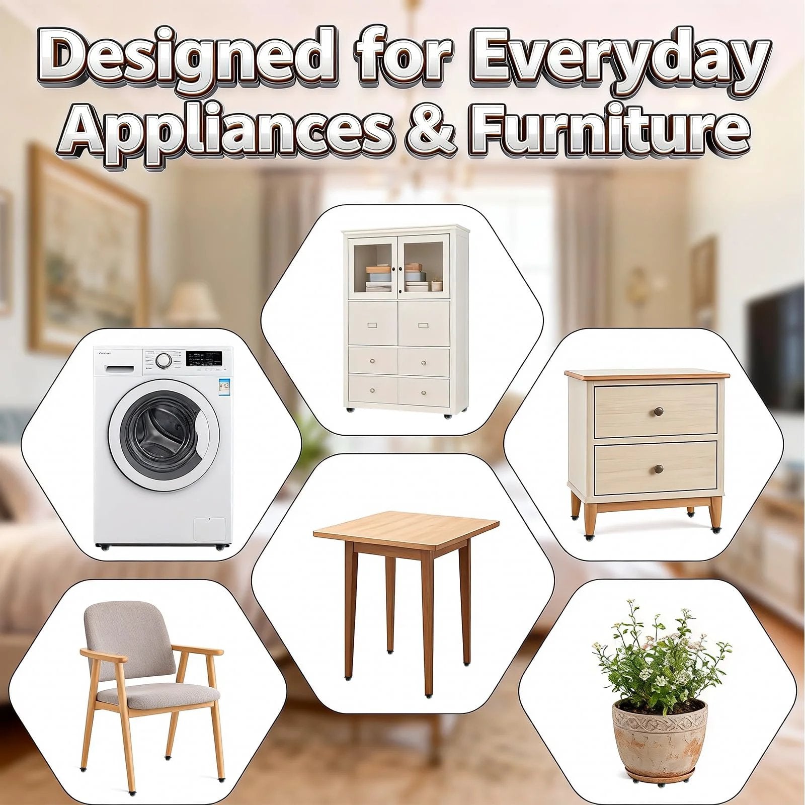 Collage displaying furniture and appliance uses for Black Stainless Steel Self Adhesive Caster Wheels 4 Pack Large Profile Swivel Ball Casters