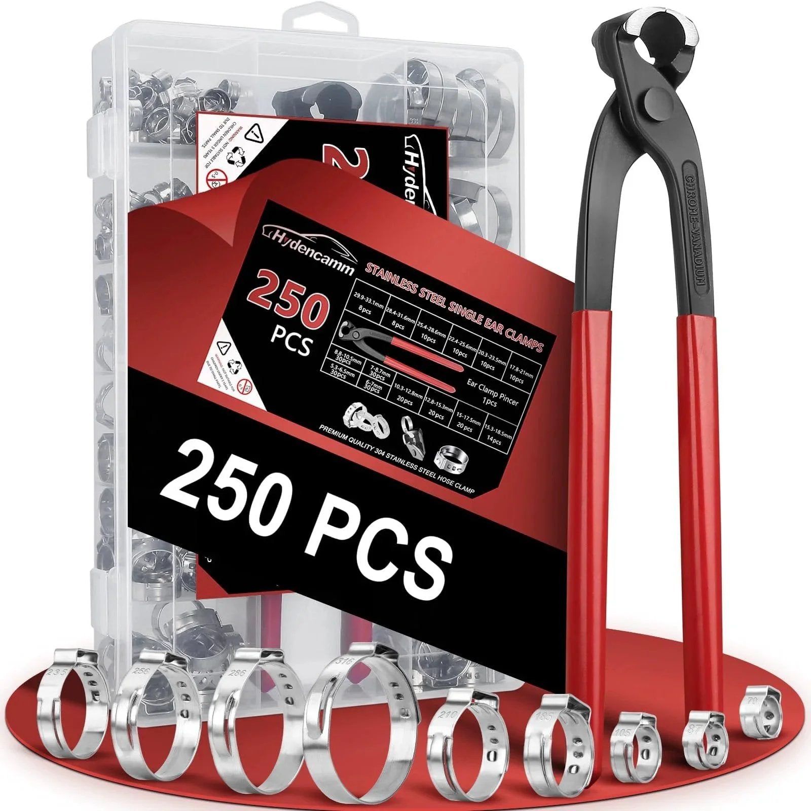 250 Pieces 14 Size Single Ear Hose Clamp Kit 5.3 To 33.1 Mm 304 Stainless Steel Ear Clamp Kit With Ear Clamp Pincer