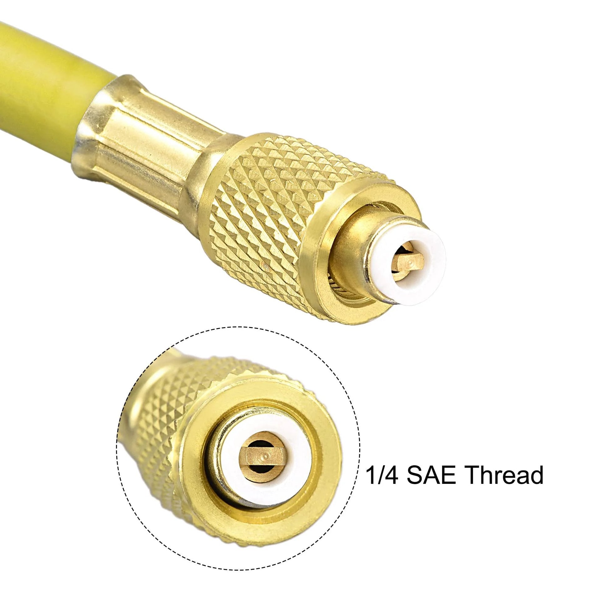 Close-up of Refrigerant Charging Hose For Home DIY AC And Refrigeration Maintenance One Quarter SAE Flare Thread 0.9m Length 500 PSI Working Pressure Compatible With R22 R12 R134a Yellow Flexible Rubber Hose With Iron Copper Plated Connectors showing 1/4 SAE thread.