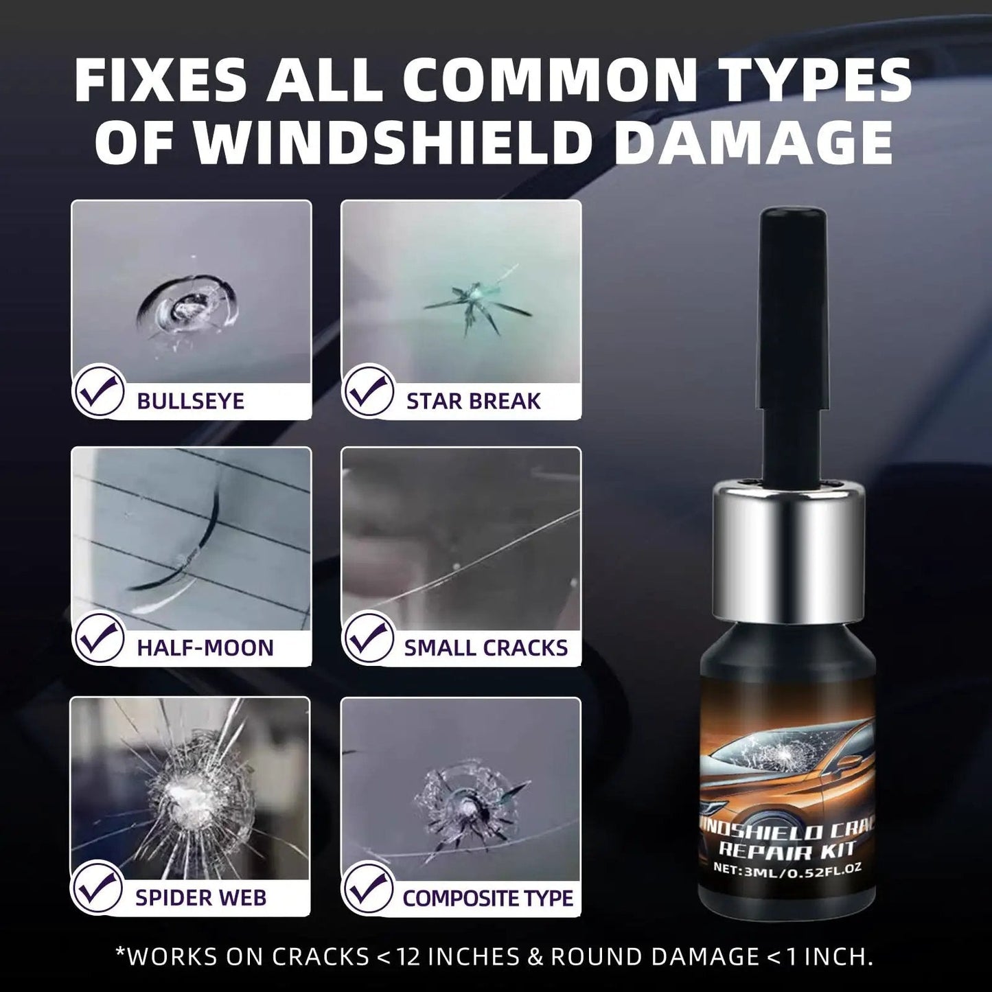 DIY Windshield Repair Kit for Chips and Cracks That Stops Spreading in Minutes with images of common windshield damages.