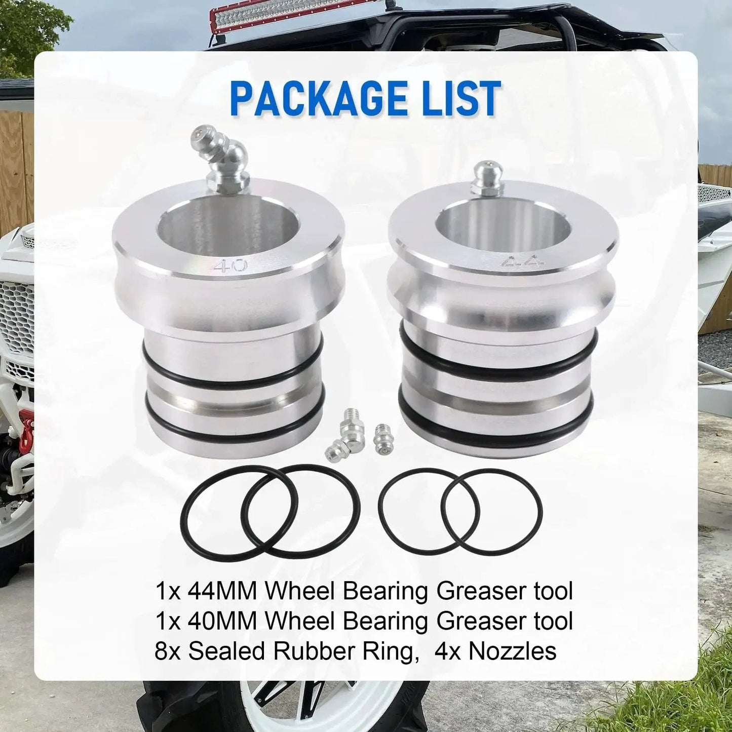 Product package showing 44 40mm Front And Rear Wheel Bearing Greaser Tool For Polaris Ranger and accessories on display