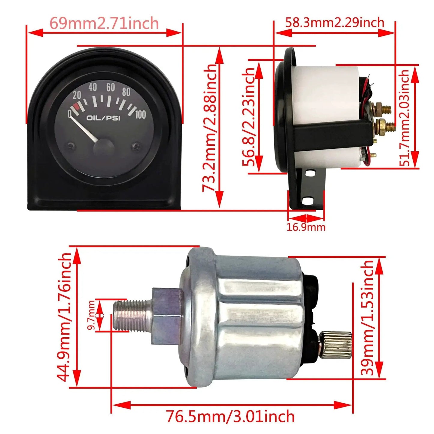 Pro Grade 52mm Oil Pressure Gauge Kit With Sensor For Gearheads In Cars And Trucks, 0 To 100 PSI Range, 12V DC Power, dimensions shown