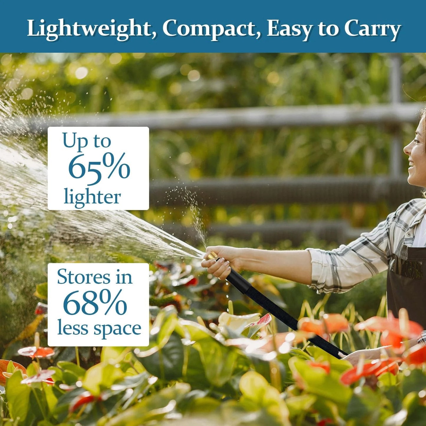 Person watering garden using Ultra Flexible TPE Garden Hose 50 Feet With Solid Brass Fittings For All Weather Use, PVC Free And Drinking Water Safe, Lightweight Yet Durable For Easy Storage, Gnimihz.