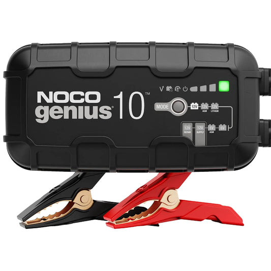 All In One 10 Amp 6 Volt 12 Volt Smart Battery Charger Maintainer Desulfator With Overcharge Protection And Temperature Compensation For Lead Acid And Lithium Batteries NOCO Genius10 with red and black clamps.