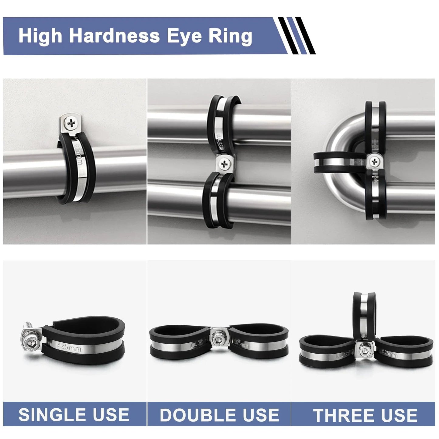 112 Piece Cable Clamps Kit Stainless Steel 304 Rubber Cushioned Assortment For Hoses Tubes Automotive Fuel Line And Wiring Ten Sizes From One Quarter Inch To One And Three Quarters Inch Anti Rust Waterproof Oil Proof Salt Resistant showing single, double, and triple use on pipes.