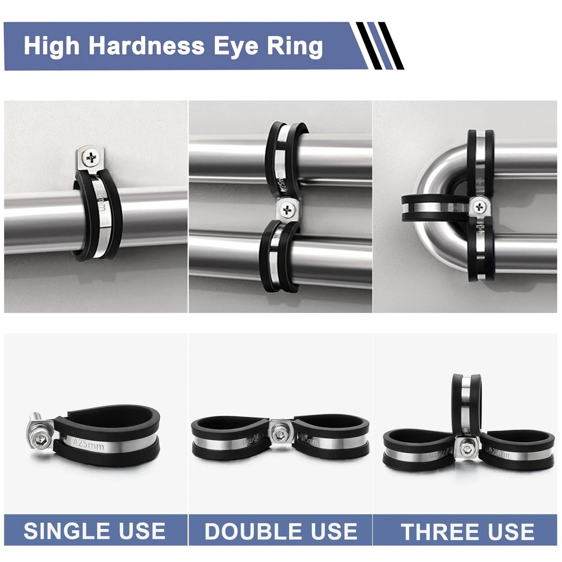 112 Piece Cable Clamps Kit Stainless Steel 304 Rubber Cushioned Assortment For Hoses Tubes Automotive Fuel Line And Wiring Ten Sizes From One Quarter Inch To One And Three Quarters Inch Anti Rust Waterproof Oil Proof Salt Resistant showing single, double, and triple use on pipes.