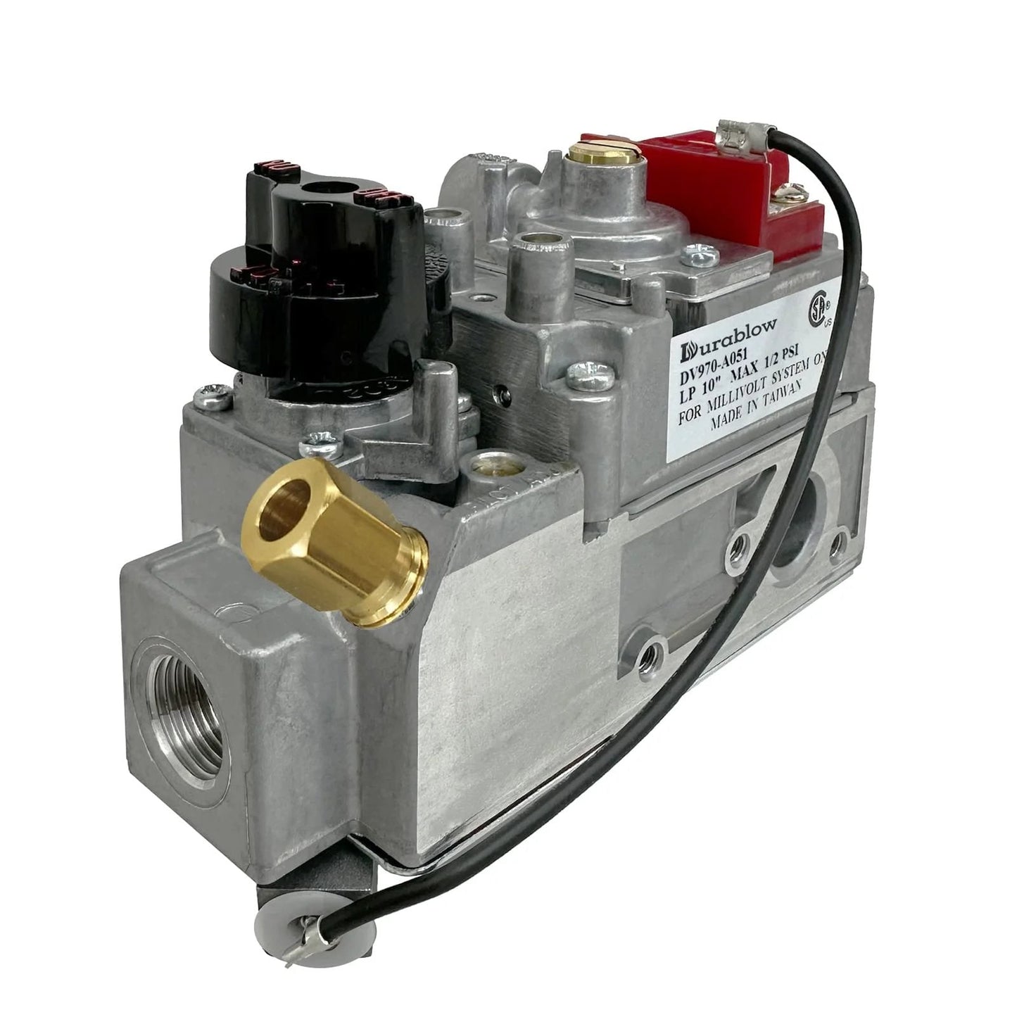 Front view of Millivolt Propane Gas Valve Replacement For Dexen Dexin Robertshaw HHT 6003 Series 201-D No Turndown 3/8 Inlet 3/8 Outlet DV970A-LP By Durablow CSA Certified