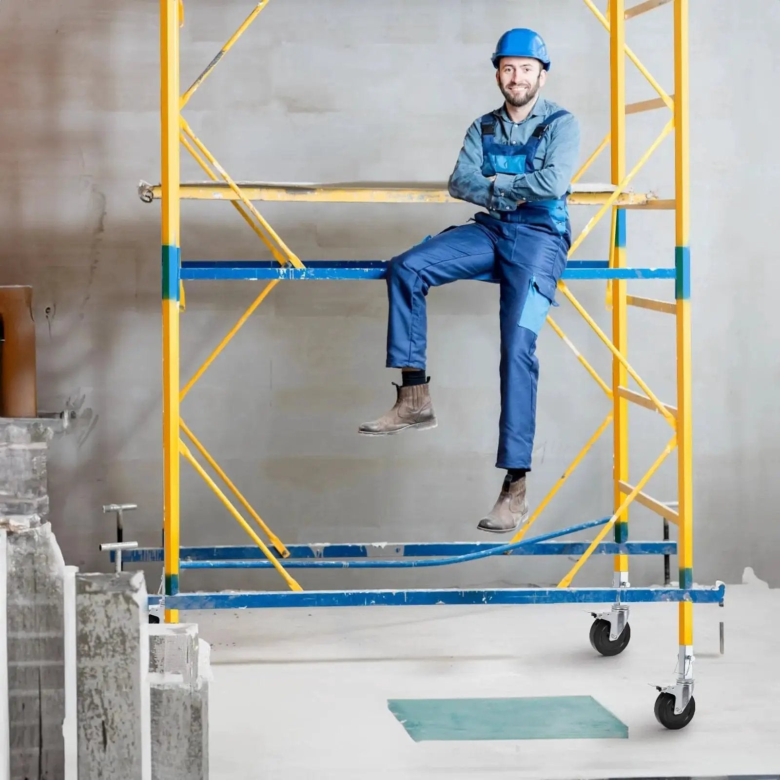 Man sitting on scaffolding with 5 Inch Scaffolding Casters Set of 2 With Dual Locking Brakes, heavy duty build visible.