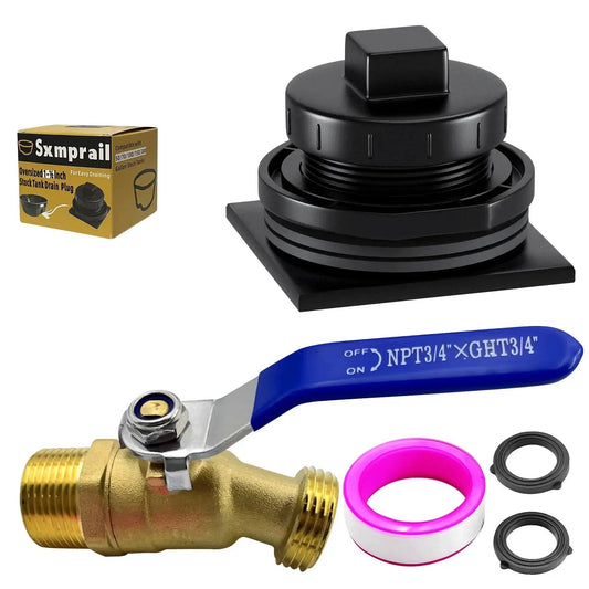 Stock Tank Drain Plug Kit Fits 50 70 100 150 300 Gallon Rubbermaid Stock Tanks With One And One Quarter Inch By Three Quarter Inch Pipe Reducer And Three Quarter Inch By Three Quarter Inch Brass Faucet Includes Hex Bushing Easy Install Five Years Free showing components including brass faucet and gaskets.