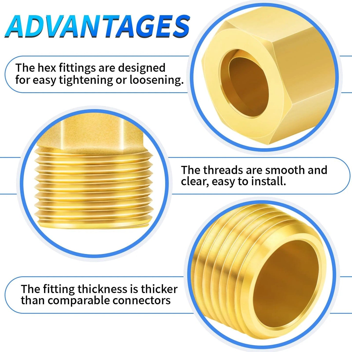 Brass 90 Degree Compression Tube Fitting Five Eighths Inch Tube OD to One Half Inch NPT Male Union Connector showing hex design and thick threads