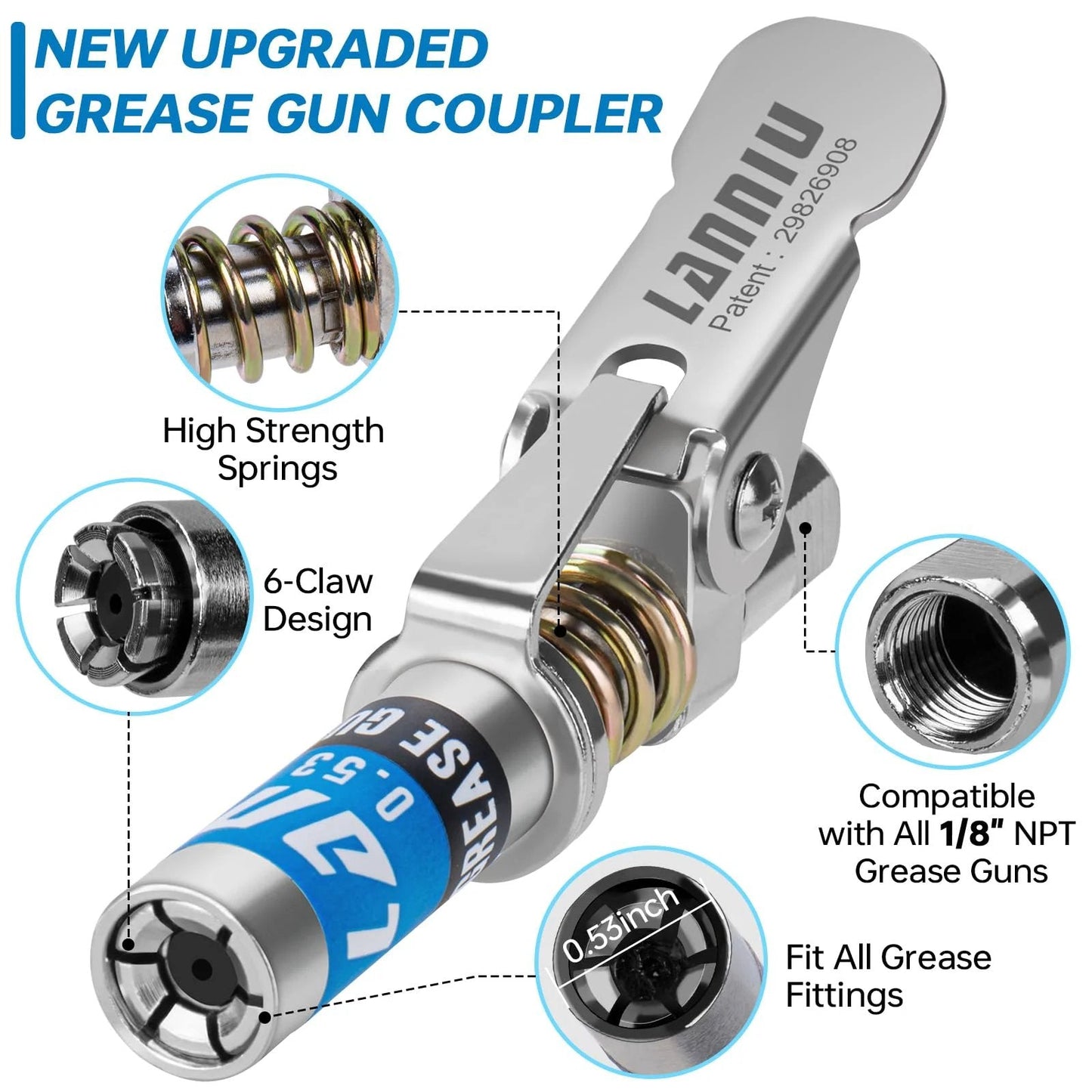Compact 0.53 Inch Grease Gun Coupler With Locking Quick Release No Leakage Up To 12000 PSI One Eighth NPT Fitting