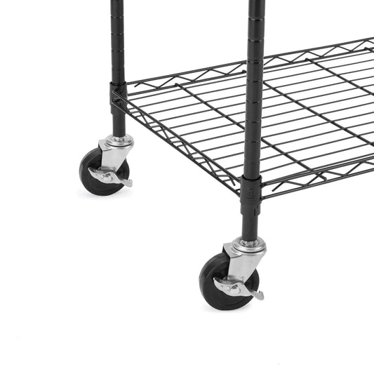 Close-up of 3 Inch Universal Threaded Casters Set Of 4 With Brake Locks For Metal Rack Shelving Units, installed on a wire rack.