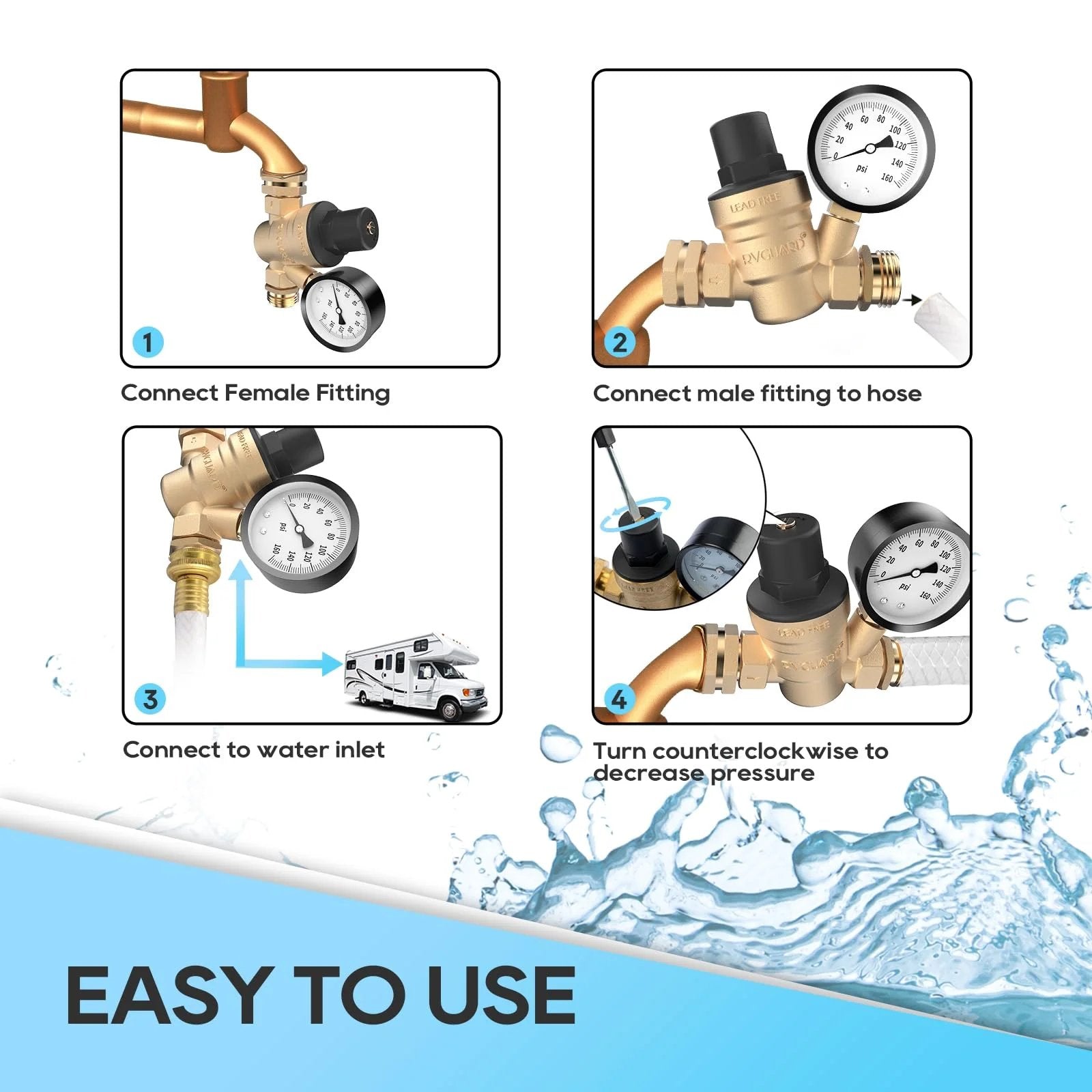 Diagram showing installation of Adjustable Lead Free Brass RV Water Pressure Regulator Valve With Gauge And Inlet Screen Filter