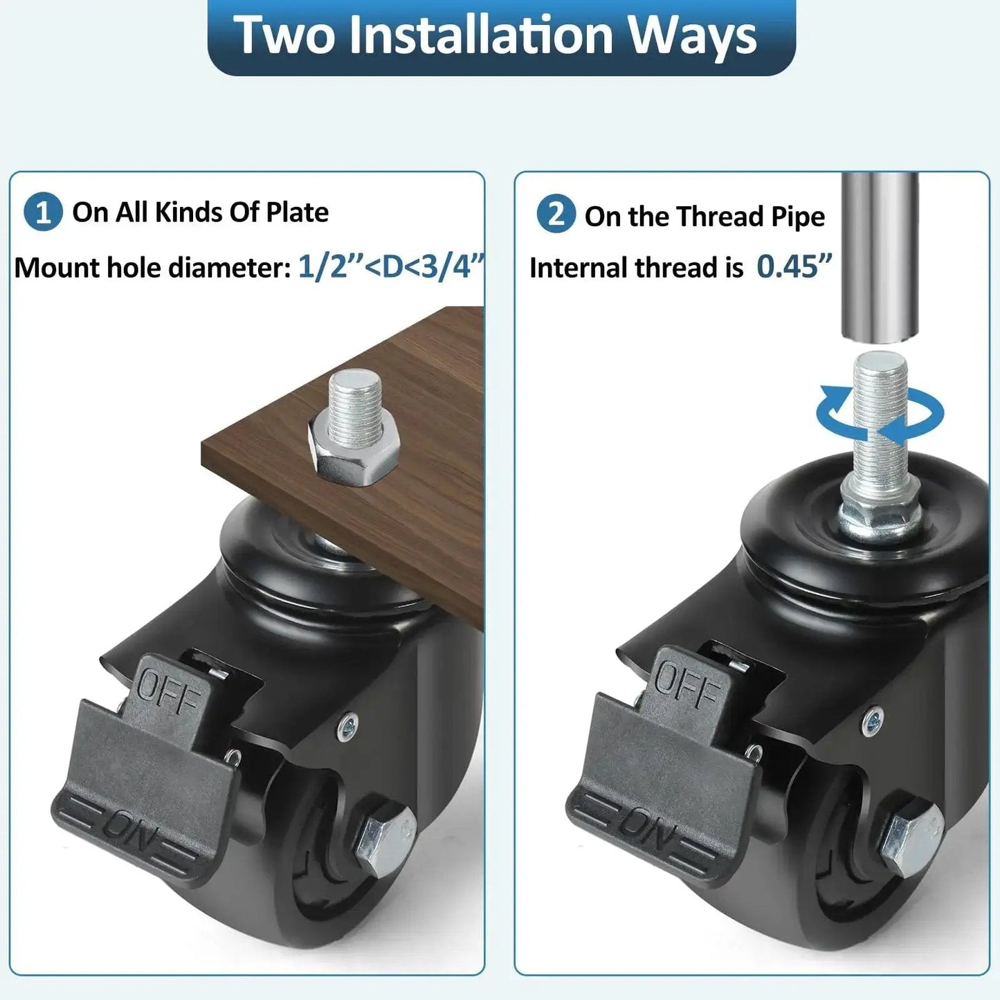 Heavy Duty 3 Inch Swivel Caster Wheels With Half Inch Diameter, 13 TPI, 1 Inch Threaded Stem, Brake, Low Profile Design