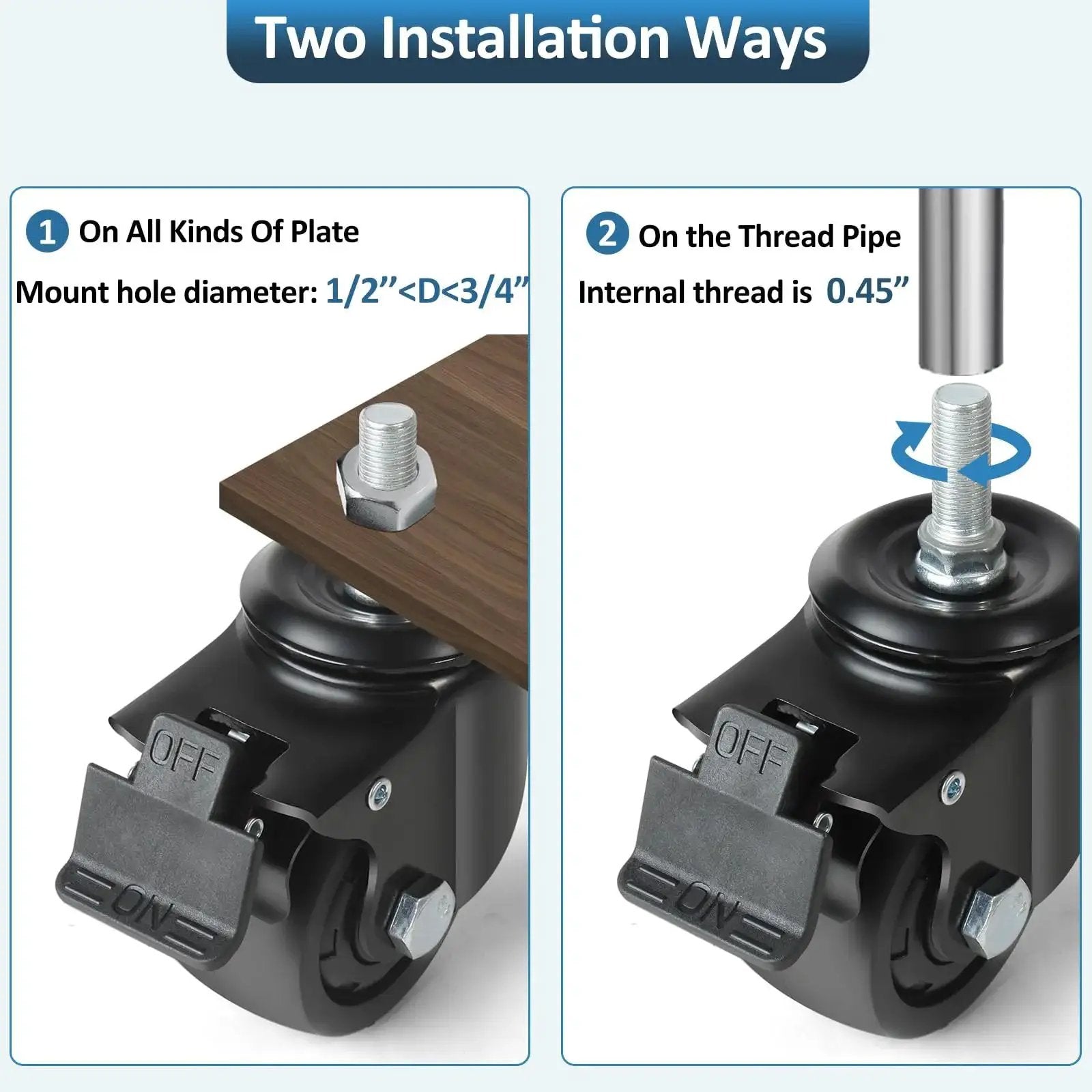 Heavy Duty 3 Inch Swivel Caster Wheels With Half Inch Diameter, 13 TPI, 1 Inch Threaded Stem, Brake, Low Profile Design