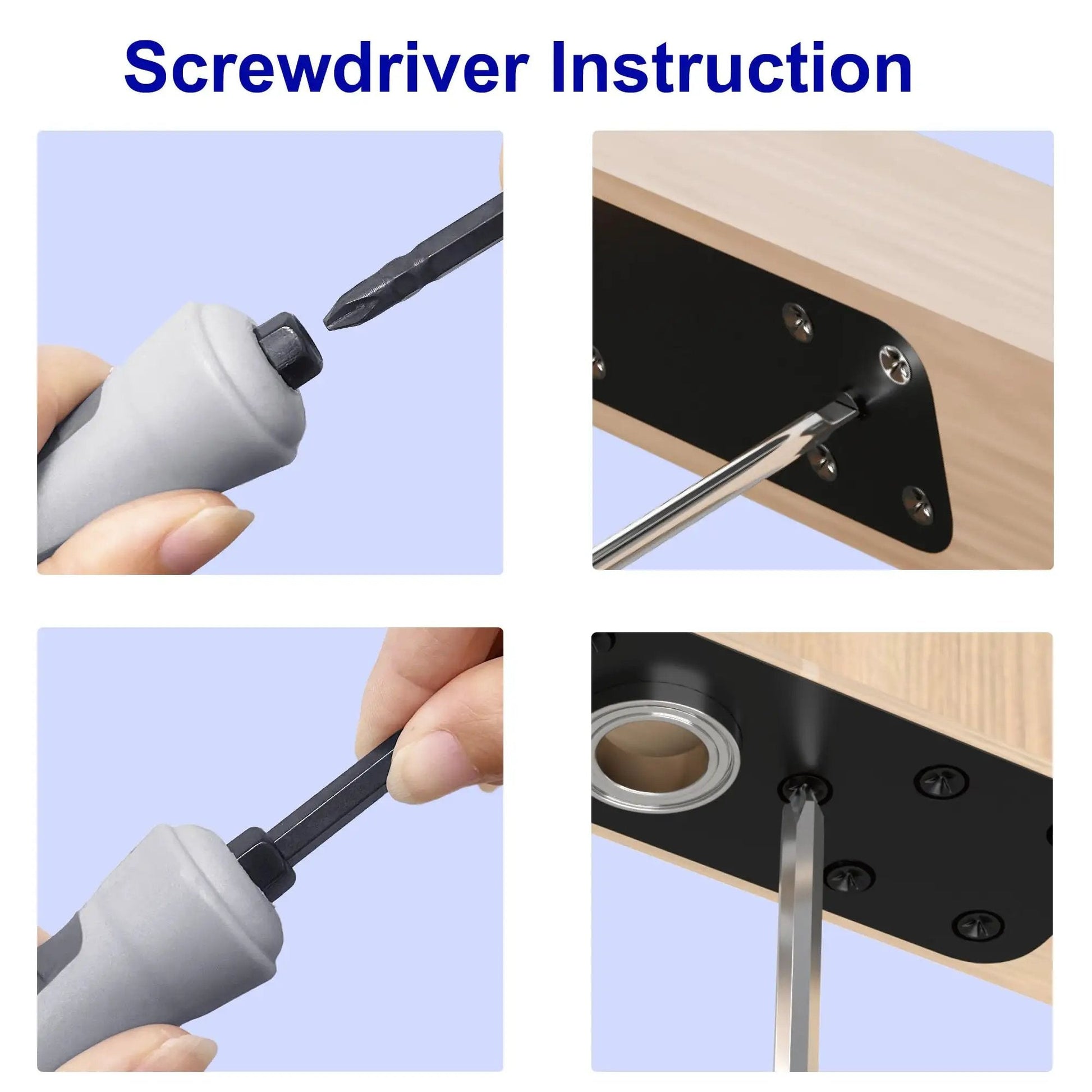 Screwdriver instructions for Heavy Duty Hidden Door Hinge By AURIXUS With 573 Lb Capacity installation on wooden surface.