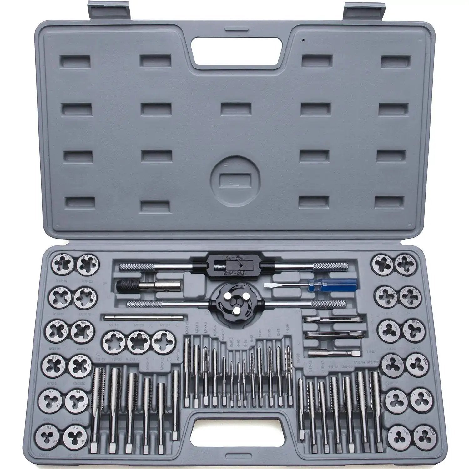 Ultimate 60 Piece Master Tap And Die Set With Inch Sizes From Four To One Half Inch And Metric M3 To M12 Coarse And Fine Threads Includes Complete Accessories Storage Case Built From Pro Grade GCr15 Bearing Steel For Durability And Precise Cutting in gray case