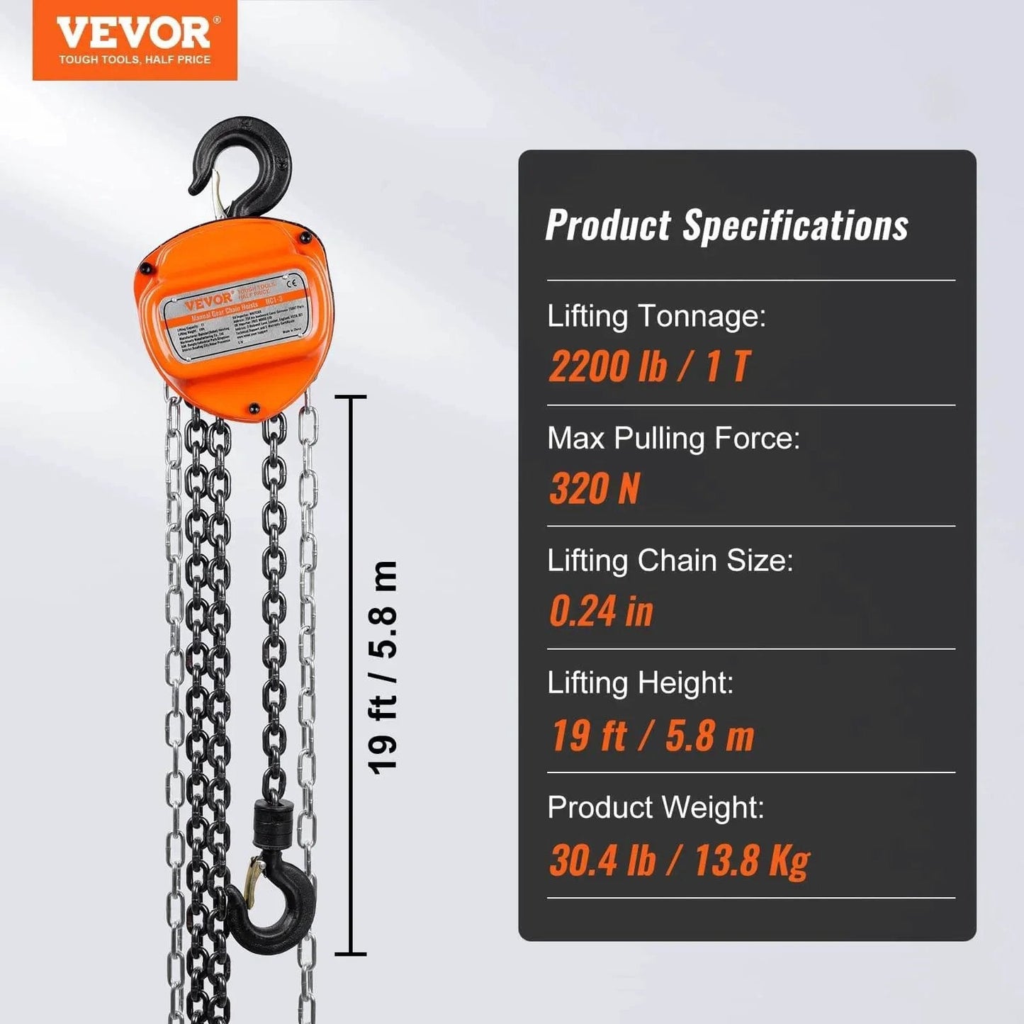 Image of 1 Ton Hand Chain Hoist 20 Ft Lift 2200 Lbs G80 Galvanized Chain with specifications and 360 Hook design