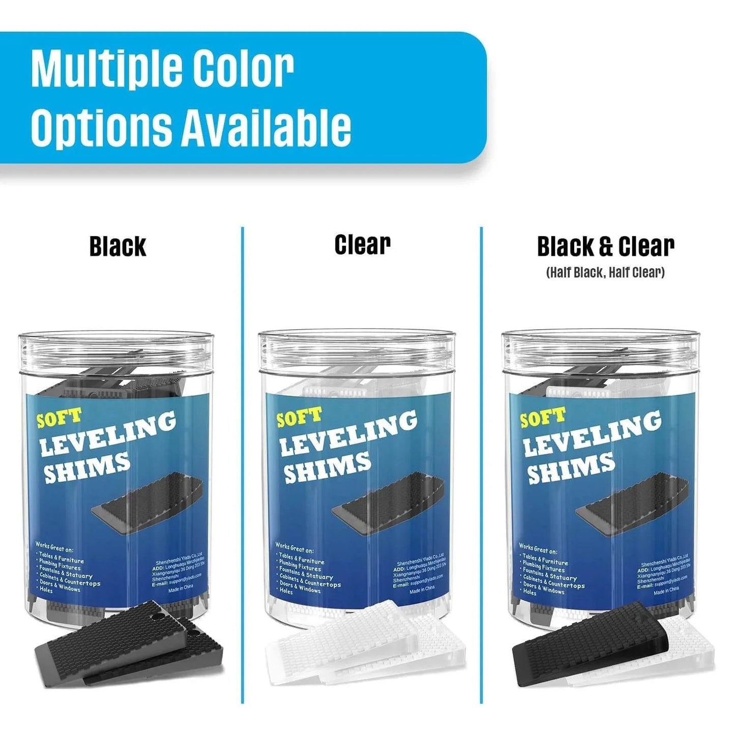 Non Slip Rubber Furniture Levelers Shims jars in black, clear, and black & clear, showing 32 Piece Jar, 2 Inch Cuttable Wedges
