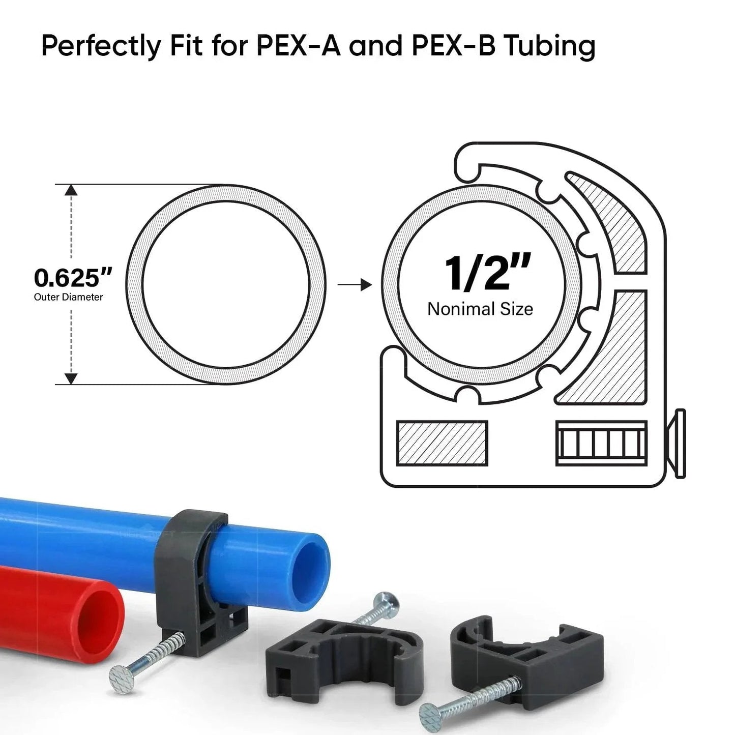 Half Clamp With Nail For PEX Tubing Support One Half Inch Black Durable Plastic Easy To Install With Grip Friction Ring