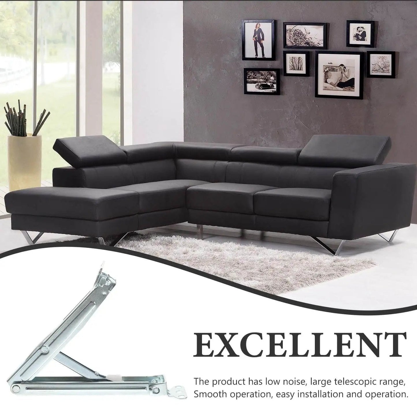 Adjustable Folding Lift Up Hinge For Massage Tables And Sofa Beds with sofa and installation illustration