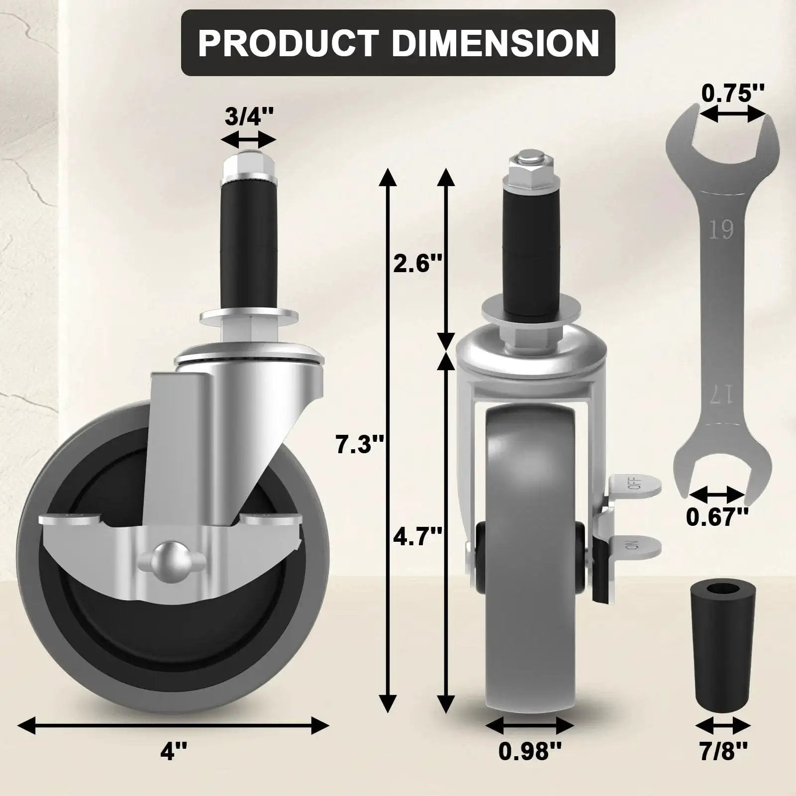 Product dimensions of Four Inch Caster Wheels With Locking Brakes Expanding Stem Casters for furniture legs, wire shelving, carts.
