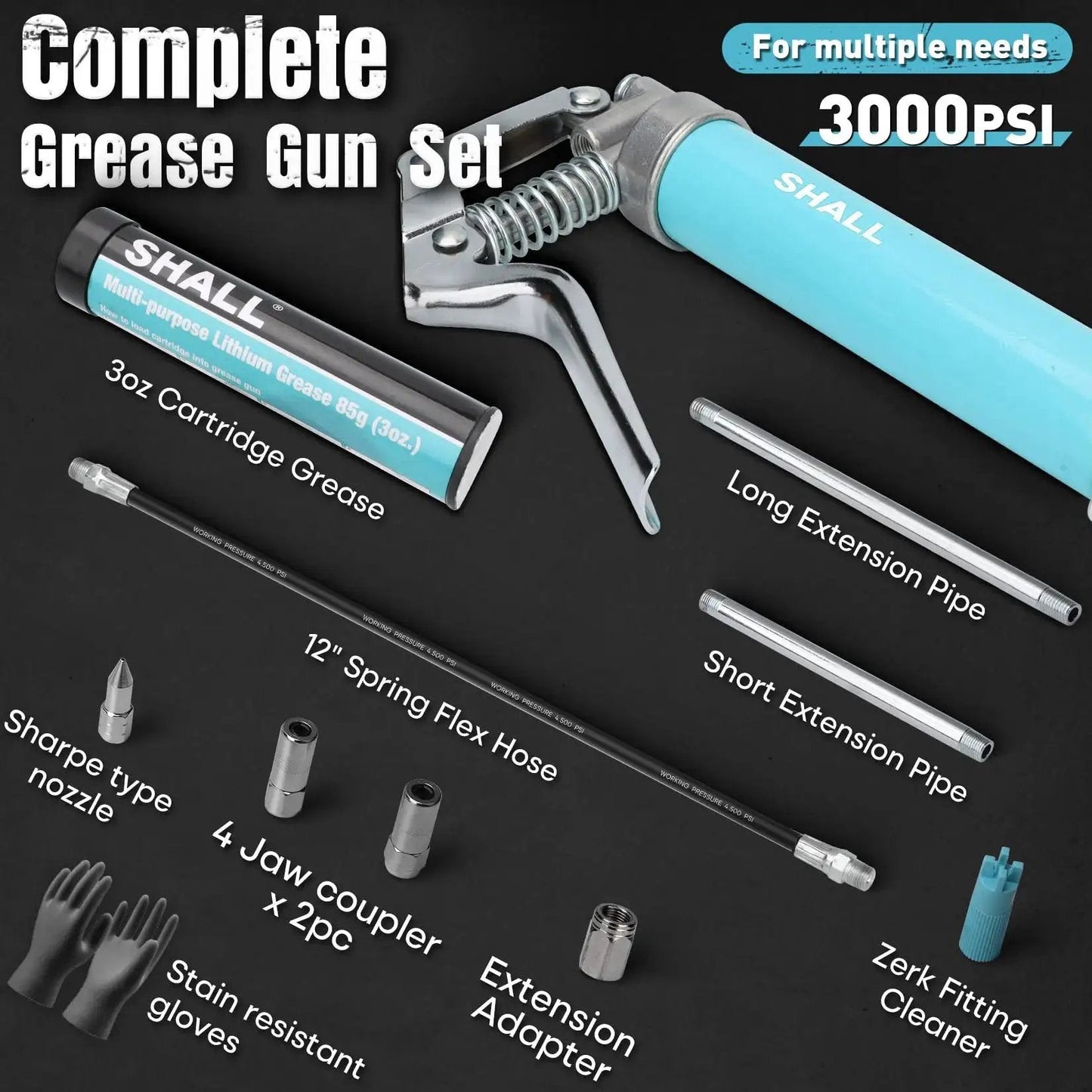 Mini Grease Gun Kit 3.52 Oz Capacity 3000 Psi With Long And Short Extension Pipes 12 Inch Flex Hose and Accessories