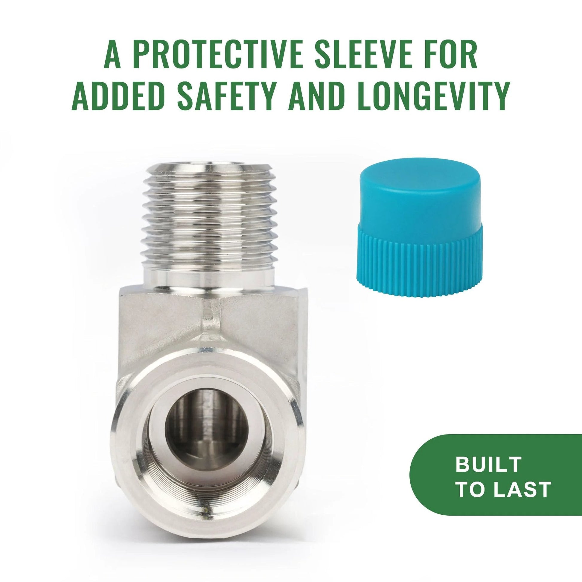 Front view of 304 Stainless Steel High Pressure 6000 Psi Right Angle Street Elbow Pipe Fitting Male To Female Thread Barstock with protective cap.