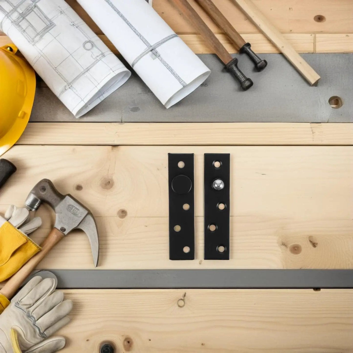 Heavy Duty Stainless Steel Pivot Hinge For Wood Doors And Narrow Openings With Hidden Central Pivot, Matte Black Finish on workbench.