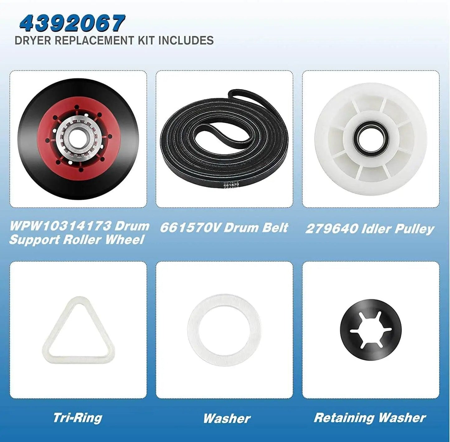 Upgraded 4392067 Dryer Repair Kit With W10837240 Idler Pulley Includes WPW10314173 Drum Roller Set 661570V Belt And 279640 Replacement