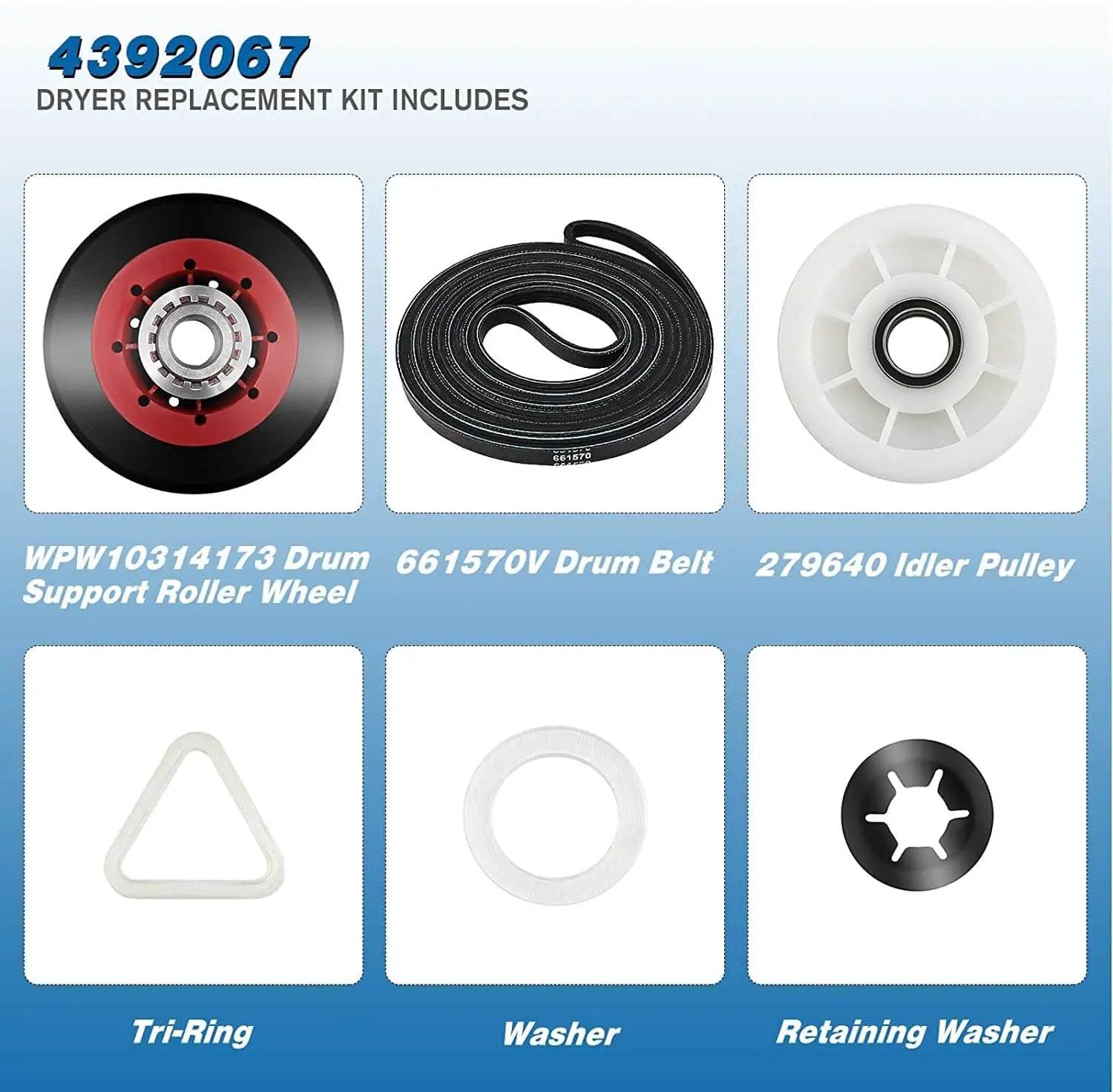 Upgraded 4392067 Dryer Repair Kit With W10837240 Idler Pulley Includes WPW10314173 Drum Roller Set 661570V Belt And 279640 Replacement