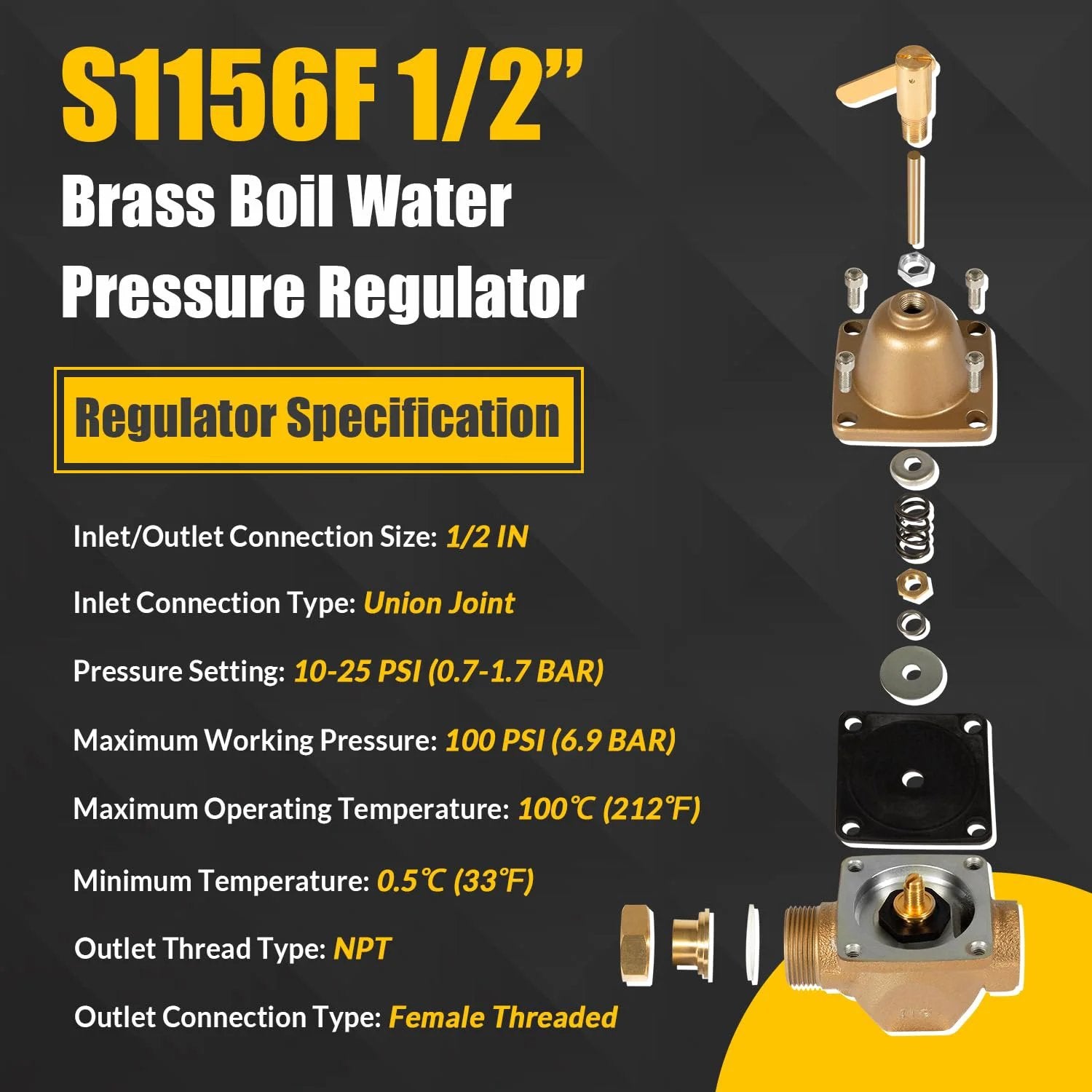 Half Inch High Capacity Water Pressure Regulator For Watts 1156F Series Replacement Compatible With S1156F Boiler Water Regulator 10 To 25 PSI 0.7 To 1.7 Bar Union Joint Half Inch Inlet Outlet
