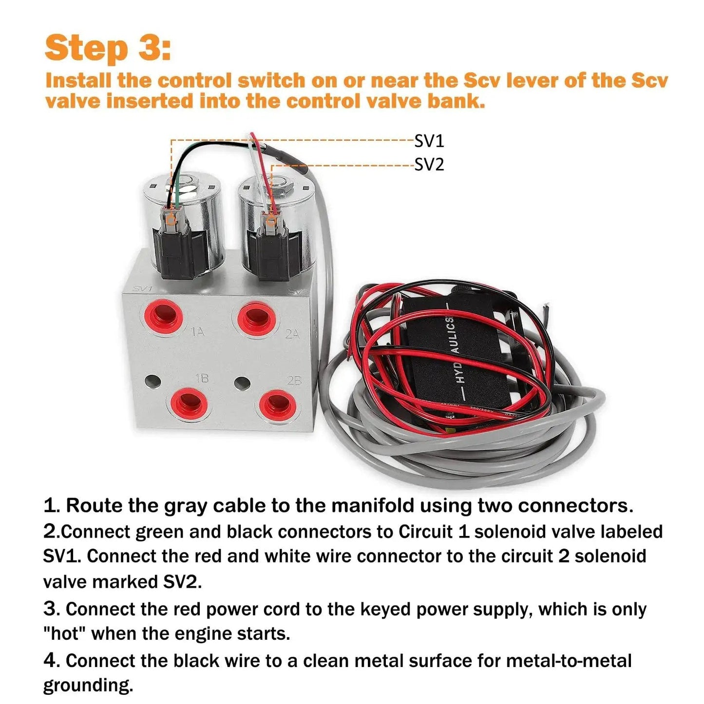 Hydraulic Multiplier Kit for Tractors installation manual showing SV1 and SV2 connections and wiring for SCV Splitter Valve Two Circuit System.