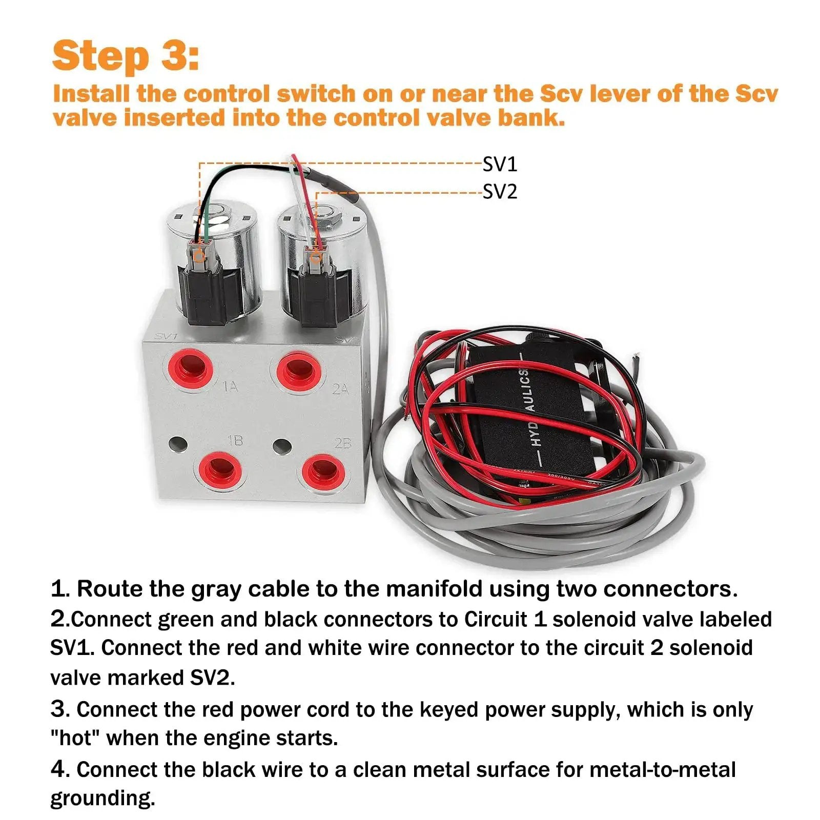Hydraulic Multiplier Kit for Tractors installation manual showing SV1 and SV2 connections and wiring for SCV Splitter Valve Two Circuit System.