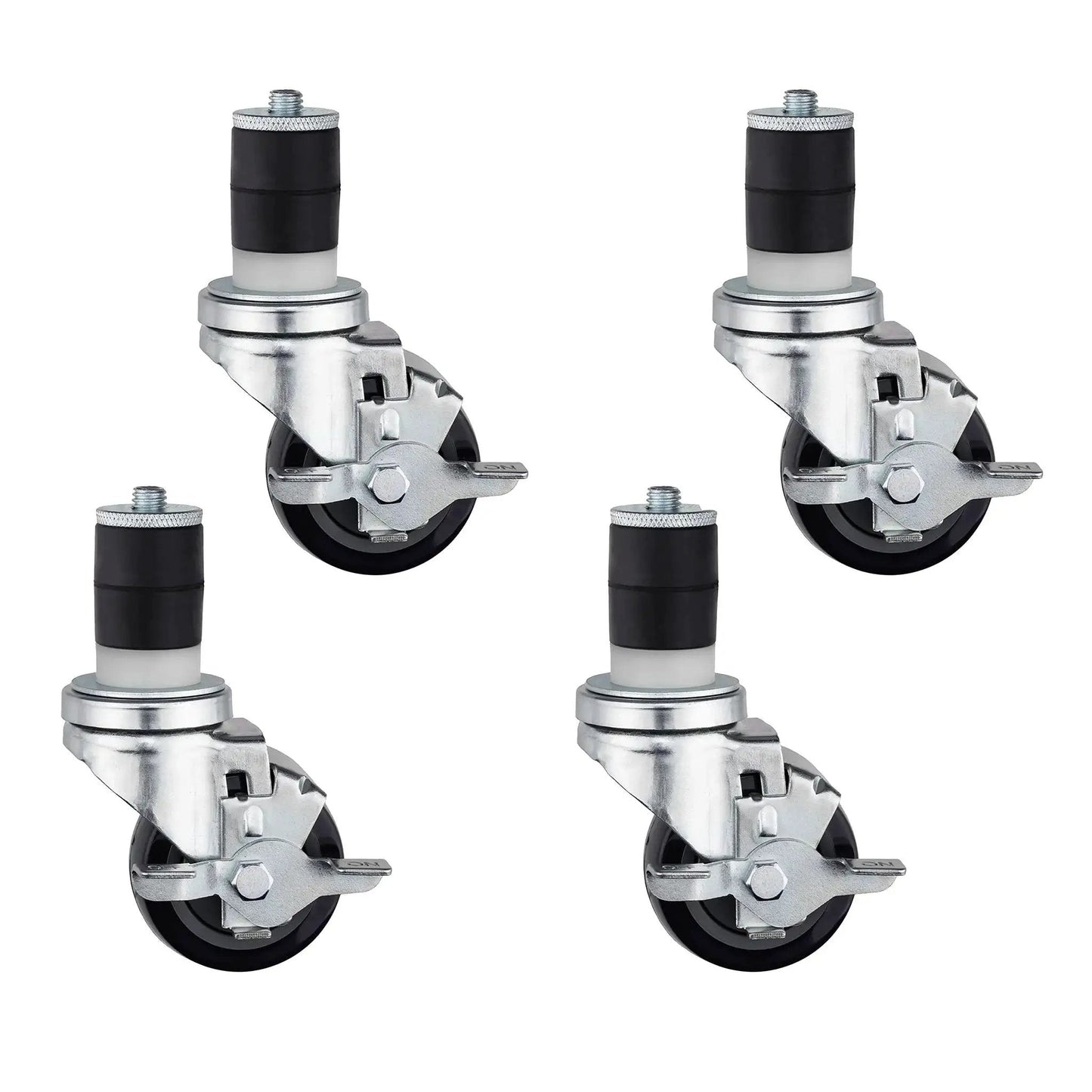 Set of 4 Expanding Stem Caster With Side Brake For Commercial Kitchen Prep Tables, 3-Inch Polyurethane Wheel, 4-Inch Mounting Height