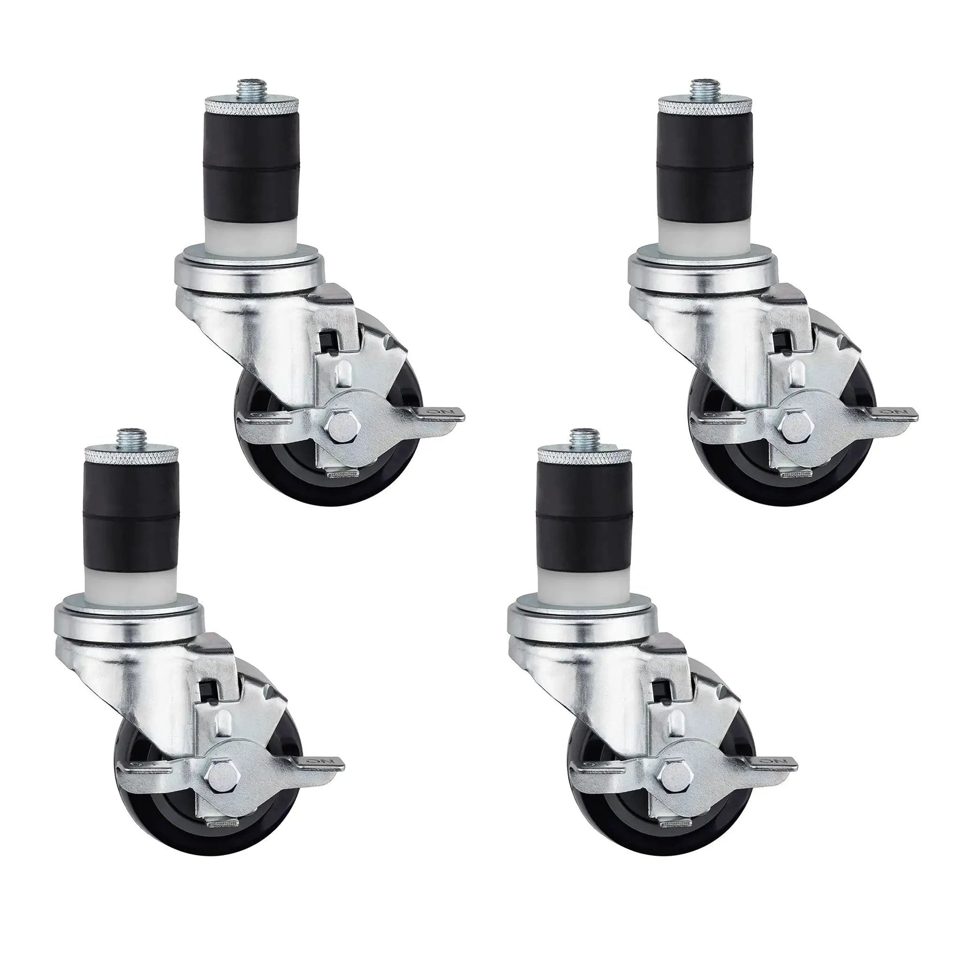 Set of 4 Expanding Stem Caster With Side Brake For Commercial Kitchen Prep Tables, 3-Inch Polyurethane Wheel, 4-Inch Mounting Height
