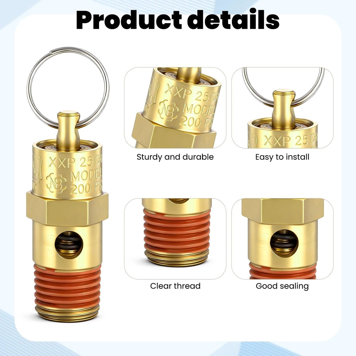 2 Pack One Quarter Inch NPT Air Compressor Check Valve With 200 PSI Pressure Relief Brass Safety Valves close-up view