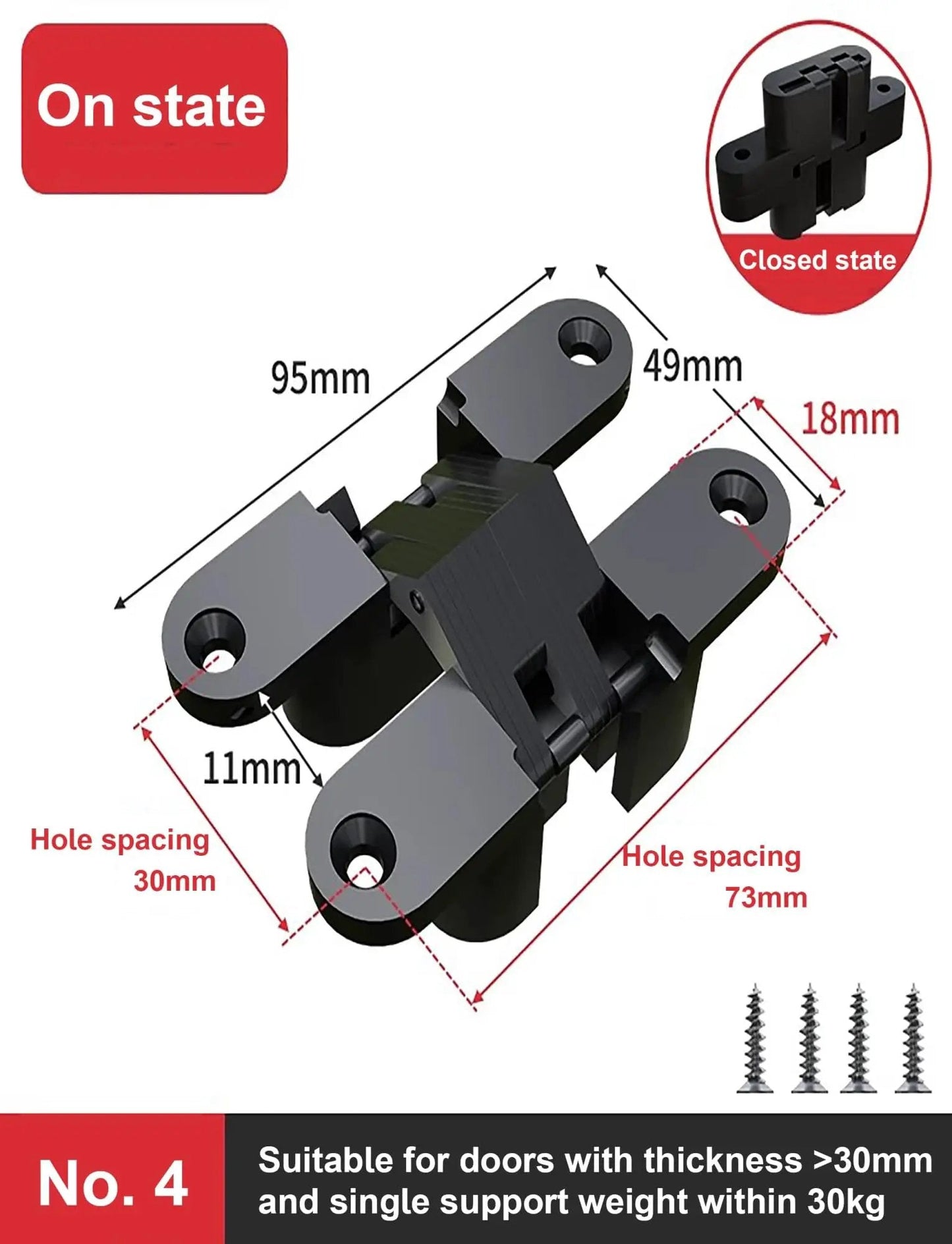 2 Pack Hidden Door Hinges Set 180 Degree Invisible Cross Hinges For Kitchen Cabinets in open position with dimensions